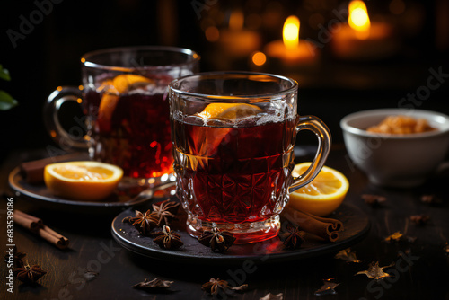Mulled wine on a wooden background, place for text, product, Christmas background
