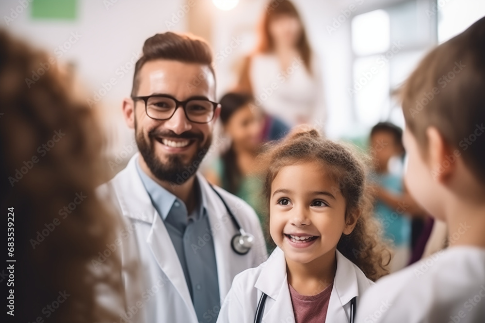 Doctors and pediatricians interacting with children in a friendly and reassuring manner, promoting regular health check-ups, creativity with copy space
