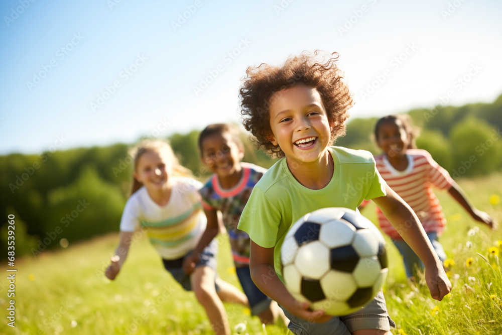 Children participating in sports or group exercises, advocating for an active lifestyle, creativity with copy space Children participating in sports or group exercises, advocating for an active lifestyle, creativity with copy space