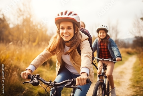 Families engaging in outdoor activities like cycling or hiking, promoting physical health, creativity with copy space