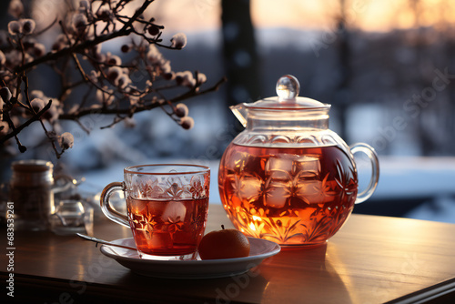 Mulled wine on the cafe table against the background of a window with a snow-covered landscape
