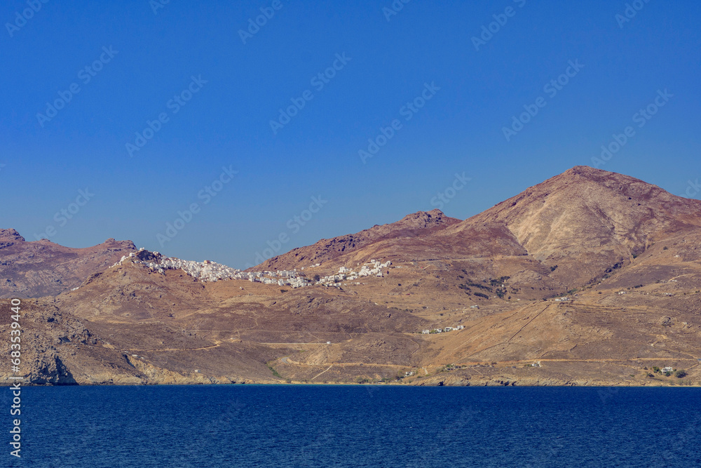 Coastal view with Chora village on the hill, Serifos island GR