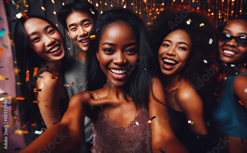 african american female taking selfie with group of friends at club party with confetti photo