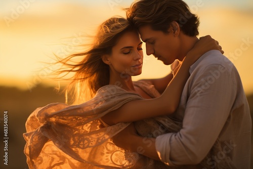 Beautiful young couple in love kissing and embracing on wheat field at sunset