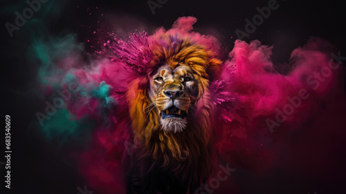 lion in colorful powder paint explosion  dynamic