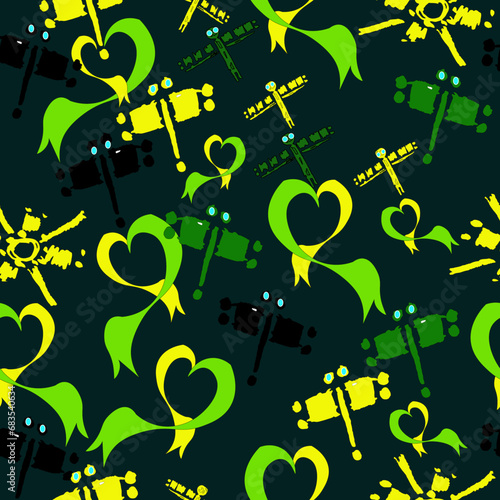 seamless pattern - steep dive of dragonflies over the field, towards the sun.