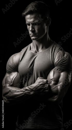 The detailed musculature of an athlete's arm shows the veins and definition of peak physical fitness, set in a high-contrast environment.
