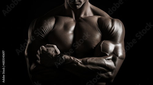 An athlete's muscular body is posed in a dark space, his arms crossed, highlighting the power and intense discipline of his training.