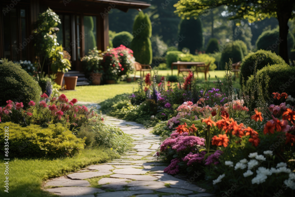 A well-kept, trimmed, and weed-free garden, symbolizing the dedication to maintaining a clean and aesthetically pleasing outdoor space. Concept of pristine gardening. Generative Ai.