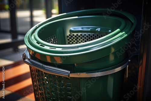 The immaculate condition of a trash bin with a tightly sealed lid, underscoring the importance of cleanliness and odor control in waste management. Concept of efficient waste disposal. Generative Ai.