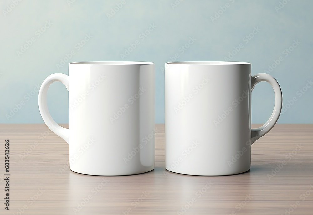 White coffee cups on the table with space for logo, text or design. Concept mockup White coffee cups on the table with space for logo, text or design. Concept mockup