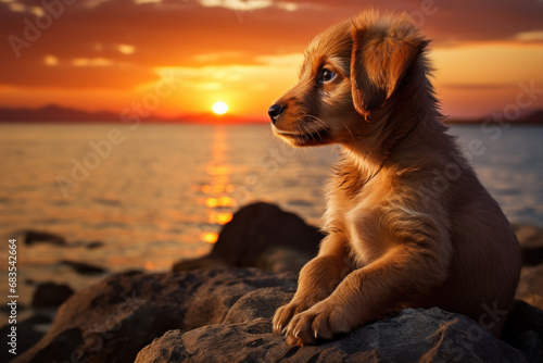 A contemplative puppy gazing at a setting sun's warm hues. Concept of peaceful serenity. Generative Ai.