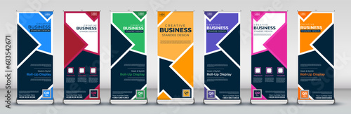 Advertising abstract Business Roll Up Banner Stand Poster set in red, green, blue, yellow, orange, purple, pink for presentations, meetings, annual events