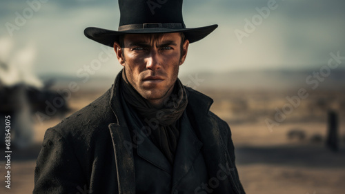 Portrait of a cowboy with hat in western movie style. Blurry landscape in the background. photo