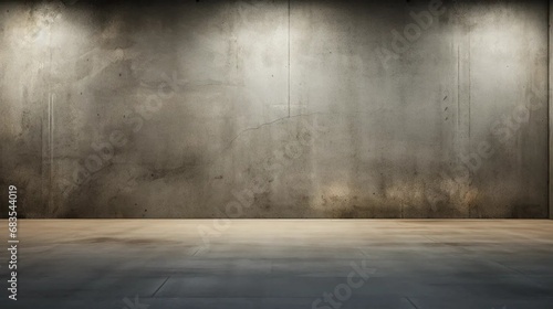 Empty room with concrete floor and walls, overhead lighting, industrial background