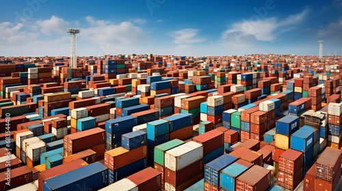 A stunning display of vibrant shipping containers neatly arranged at a bustling port