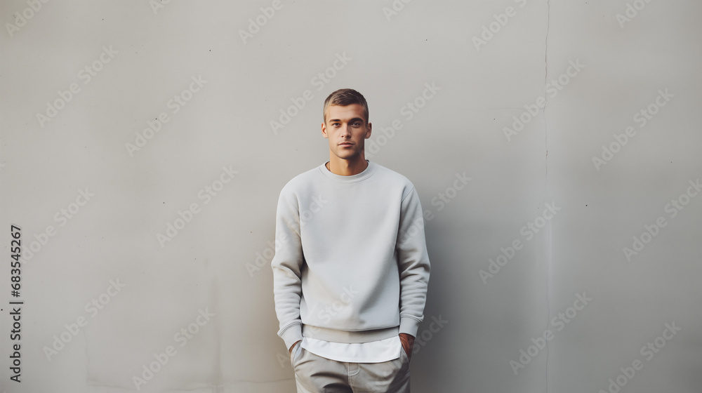 Man poses near a light wall in a gray sweatshirt. Gestures. Emotion. Casual wear. Studio model at work. Space for text and logo. Generated AI Man poses near a light wall in a gray sweatshirt. Gestures. Emotion. Casual wear. Studio model at work. Space for text and logo. Generated AI