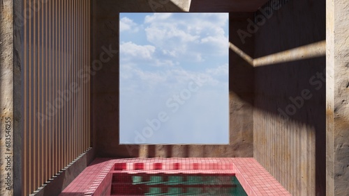 View from surreal swimming pool in the sky with clouds, 3D render, 3d renderer