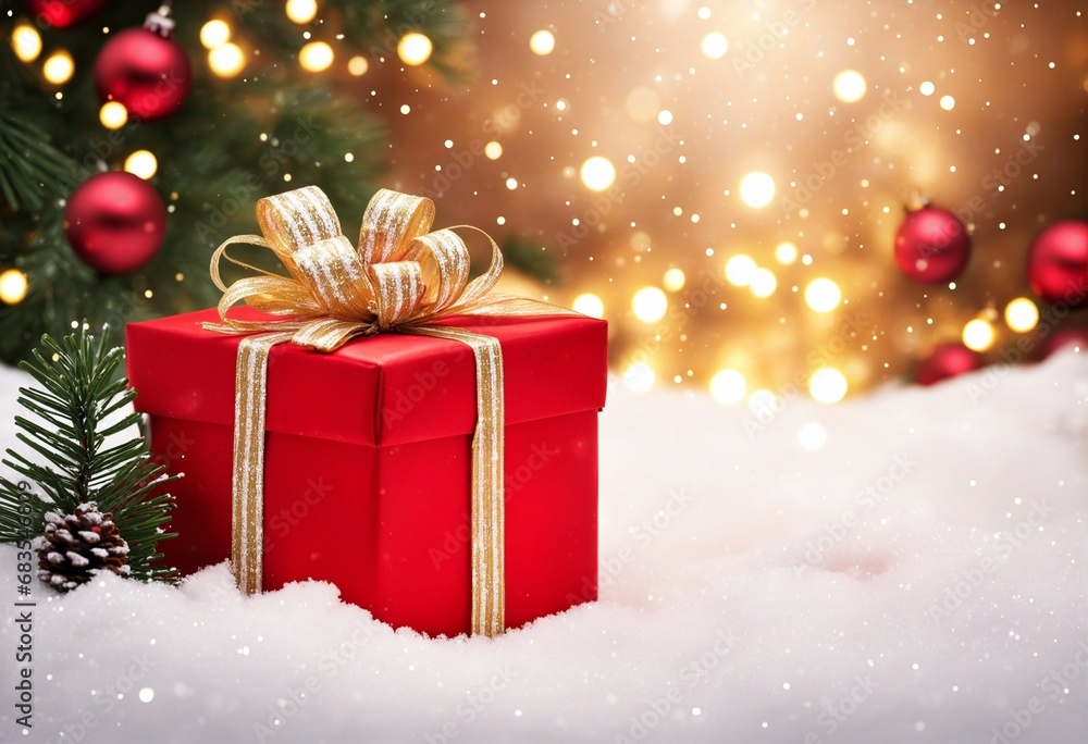 a red present with christmas tree and red christmas balls on snow - for christmas cards and more a red present with christmas tree and red christmas balls on snow - for christmas cards and more