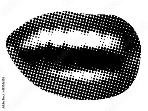 Retro halftone mouth. Modern collage. Woman's smile. Pop art dotted style. Laughing mouth. Trendy vintage newspaper parts. Lips with halftone texture. Paper cutout element. Y2K style. Body part