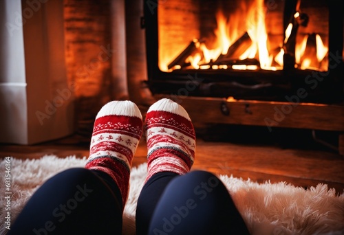 relaxing in front of a fireplace with christmas socks, time for a beautiful and relaxing christmas season