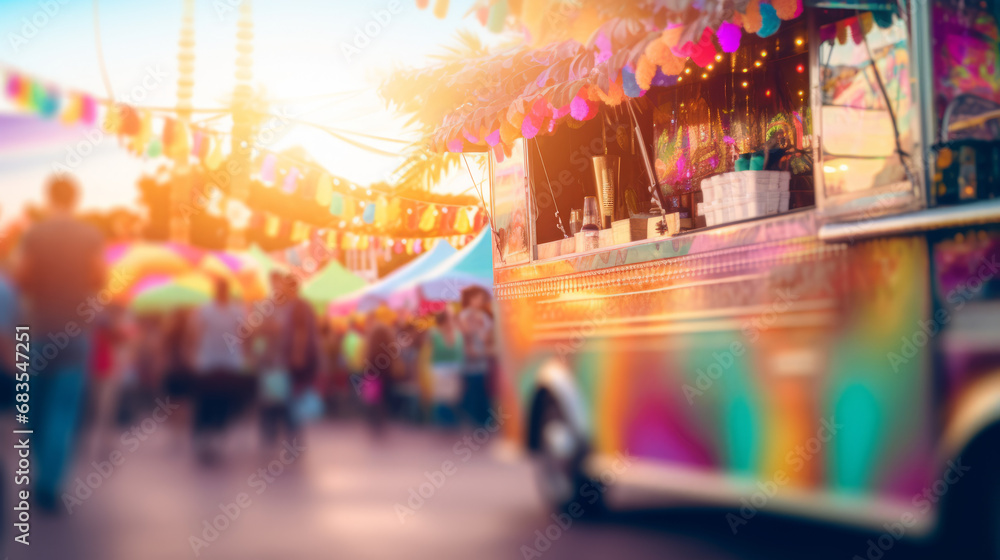 Unfocused Colorful food trucks on fun fair - obrazy, fototapety, plakaty 