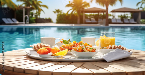 Breakfast in swimming pool, floating breakfast in luxurious tropical resort.