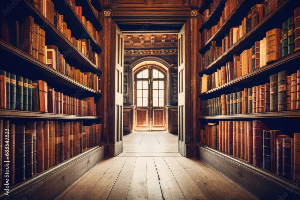 Old library with long corridor, old books on the shelf. Generative ai Old library with long corridor, old books on the shelf. Generative ai