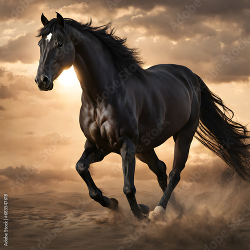 Black horse galloping in the sky with clouds. 3d rendering