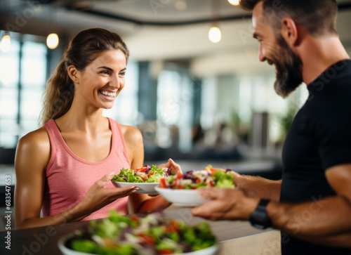 Healthy eating , Caucasian man and woman sharing salat at gym cafeteria
