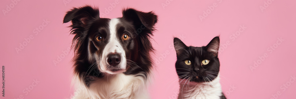 Photo of cute dog and cat in black and white striped color