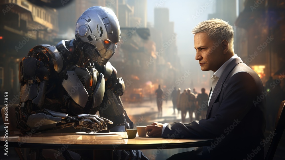 Businessman and AI Robot in Elegant Office, Nervously Awaiting Crucial Job Interview