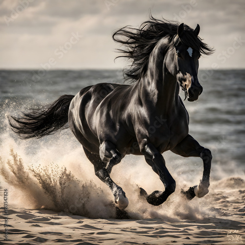 Black stallion galloping in the sand on the beach. Toned.