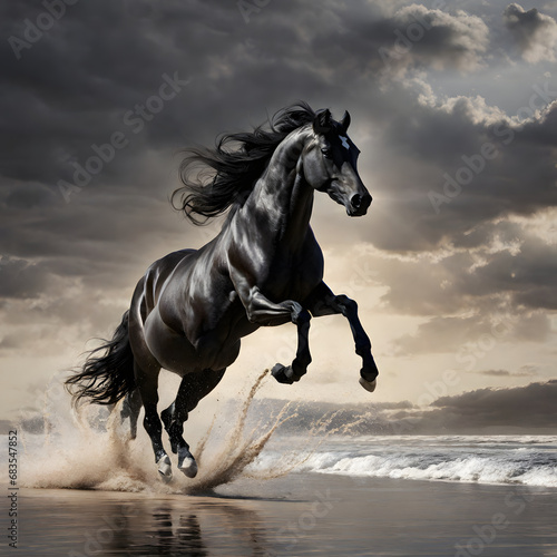 Black horse galloping in the sea at sunset. 3d rendering