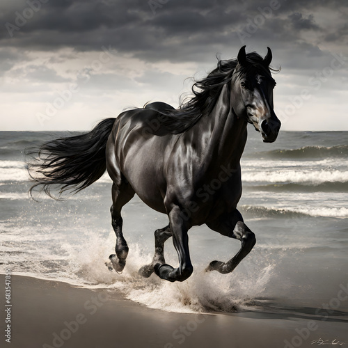 Black horse galloping on the beach in stormy weather, Italy