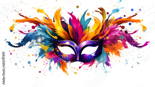 Festive carnival mask with colorful explosion on white background. Colorful splash art masquerade mask with feathers. Vibrant masquerade, feathered and festive. Artistic mask with rainbow feathers