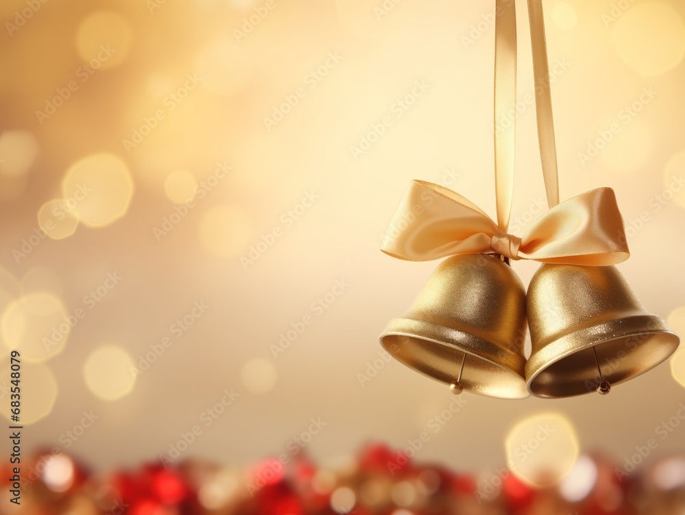 Two golden Christmas bells with a smooth, shiny finish are adorned with an elegant cream-colored bow, suspended against a backdrop of warm, glowing bokeh lights.