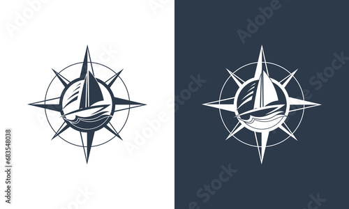 compass and ship logo collection with black and white background vector logo design