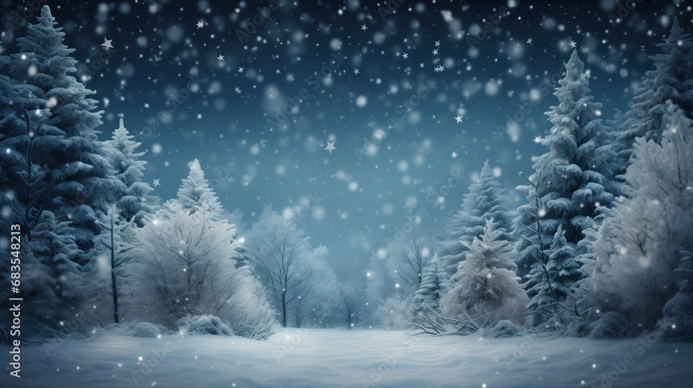 A magical nighttime winter landscape where snow gently falls, covering the forest floor, and trees frosted with snow sparkle under a starry sky.