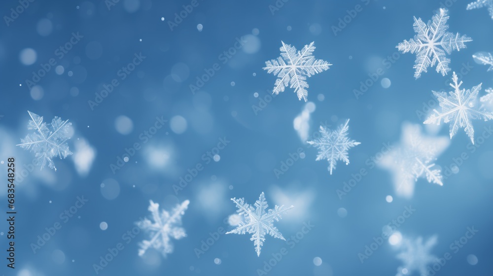Crisp snowflakes float in the cool air, highlighted by a soft blue gradient background, reminiscent of a bright and frosty winter morning.
