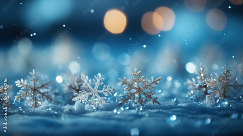 Glittering snowflakes rest on a snowy surface, with a soft gradient blue background enhancing the sparkle and magic of a winter wonderland.