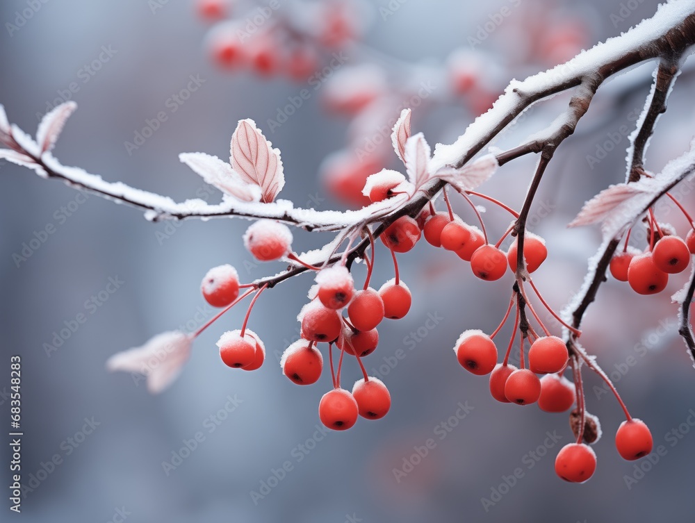 Bright red winter berries dusted with frost hang from a branch, their vibrant color standing out against the soft, muted backdrop of a winter's day Bright red winter berries dusted with frost hang from a branch, their vibrant color standing out against the soft, muted backdrop of a winter's day