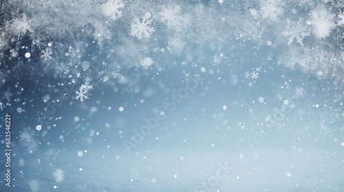A close-up view of intricate snowflakes falling against a soft-focus blue background, creating a peaceful and wintry atmosphere. © DigitalArt