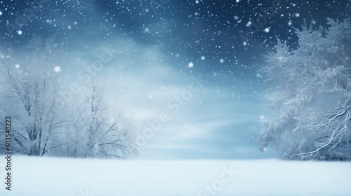 Delicate snowflakes drift through the night air, settling on leafless trees dusted with frost, under a deep blue sky dotted with stars. © DigitalArt