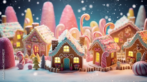 A dreamy gingerbread village dusted with snow, candy swirls, and pastel confections, set against a starlit sky, evoking the whimsy of winter festivities. © DigitalArt