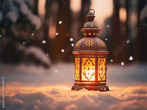 A traditional lantern rests on a snowy surface, its light casting a warm, golden hue that contrasts with the cool dusk of a winter evening.