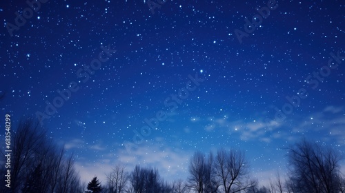A crisp winter's night sky scattered with twinkling stars over a silhouette of leafless trees, invoking a sense of quiet and the vastness of the universe. © DigitalArt