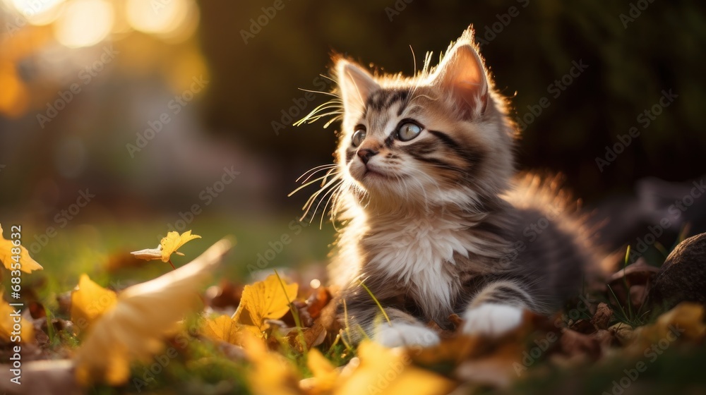 Fototapeta premium A Cute kitten playing with yellow autumn leaves at sunset. the backyard The background of the photo is a relaxing environment in the backyard.