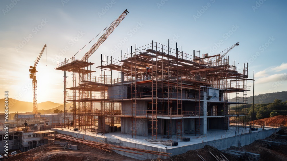 Construction background: A Construction site of large residential commercial building, some already built, large metal structure with bright sky background. Construction background: A Construction site of large residential commercial building, some already built, large metal structure with bright sky background.