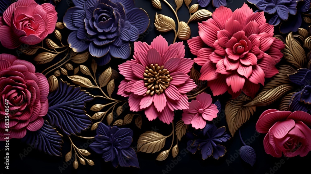 3d illustration, dark blue background with pink flowers and golden leaves. 3d illustration, dark blue background with pink flowers and golden leaves.
